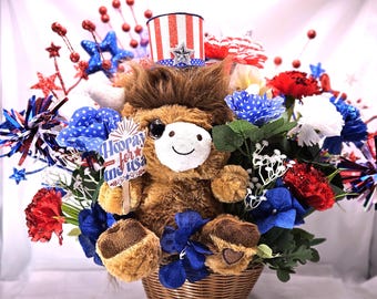 Stuffed Patriotic Steer: USA Floral Garden Decor