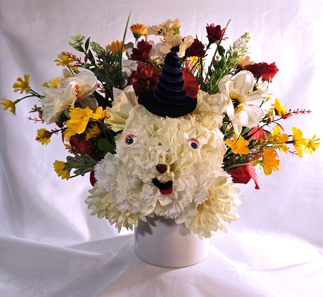 Handmade Flower Arrangement With Faux Silk Carnation Floral Puppy Dog
