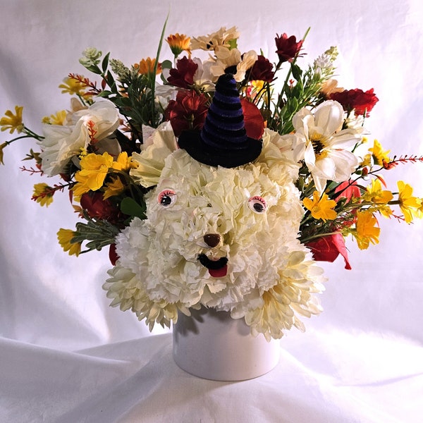 Handmade Flower Arrangement with Faux Silk Carnation Floral Puppy Dog, Fall Type Flowers, Dog LOver Gift