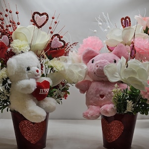 Love Teddy Bear or Flying Pig Floral Centerpiece, Roses Carnations Magnolias, Glittery Hearts, Home Decor, VALENTINE