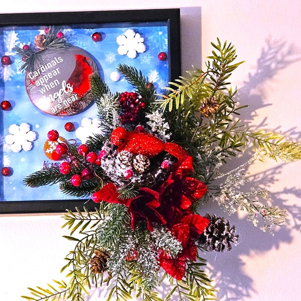 Christmas Frame Shadowbox Wreath with 'Cardinals Appear When Angels Are Near' Saying - Festive Red and Green Decor