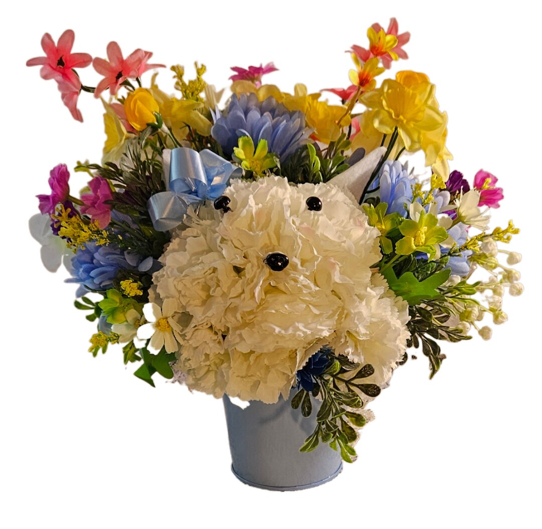 Faux Silk Flower Arrangement, Handmade Flower Arrangement With Puppy