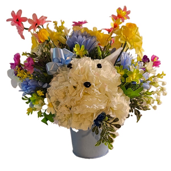 Faux Silk Flower Arrangement, Handmade Flower Arrangement with Puppy, Carnation Puppy Flower Arrangement, Dog Flower Arrangement