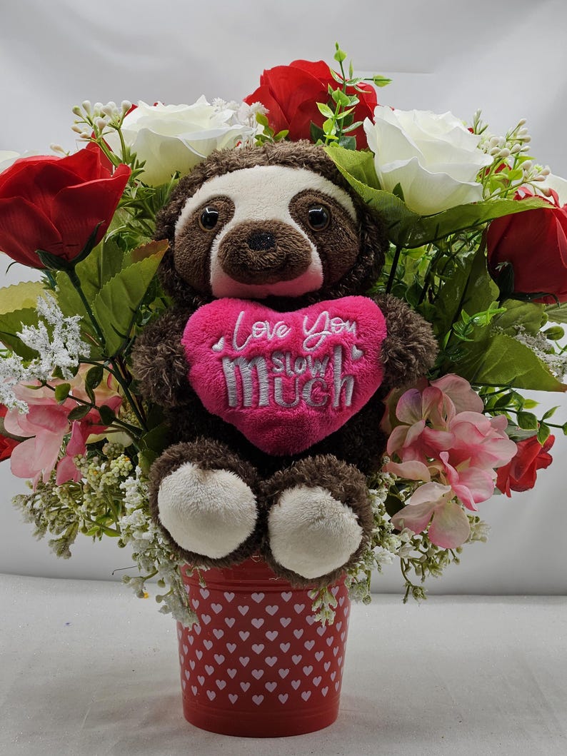Love You Slow Much Sloth Floral - Red/white Roses & Babies Breath Love ...