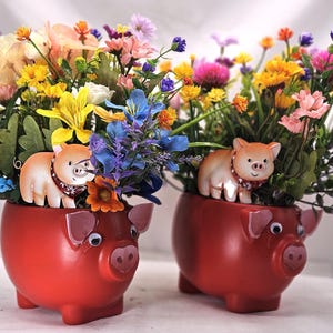 Whimsical Pig Floral Arrangement: Silk Wildflowers, Patio or Kitchen Decor