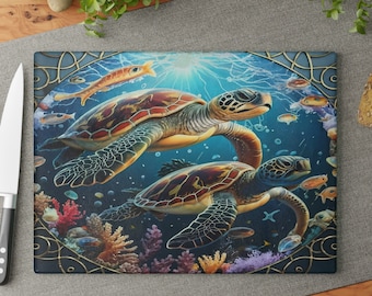 Sea Turtle Glass Cutting Board/Ocean Glass Cutting Board/Rectangle Cutting Board/Ocean Kitchen Decor/Boho Art/Gift for New Home/Sea Turtles