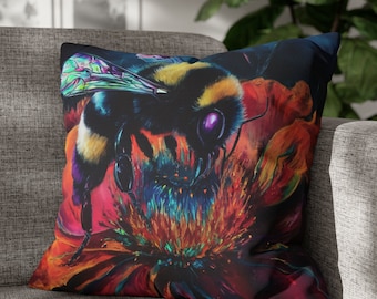 Quadratischer Kissenbezug aus hummelgesponnenem Polyester / Bienen-Illustrations-Schonbezug / Honigbienen-Kissenbezug / Bienenliebhaber-Kissenbezug / Insekteninspirierte Kissenbezüge
