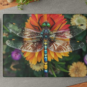 Colorful Dragonfly Glass Cutting Board/Artistic Dragonfly Cutting Board/Wedding Gift Trivet/New Home/Bug Kitchen/Charcuterie/Garden Decor