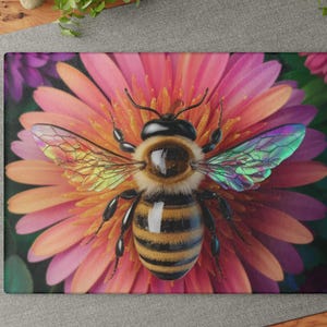 Colorful Honey Bee Glass Cutting Board/Artistic Bee and Flower/Wedding Gift/ Trivet/Bee Kitchen/Bee Lover Gift/Charcuterie/Garden Decor