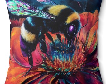 Künstlerisches Hummeln gesponnenes quadratisches Polyester-Kissen / Bienenillustrations-Wurfkissen / Honigbienenkissen / Bienenliebhaberakzent / Insekt inspirierte Shams / Käfer