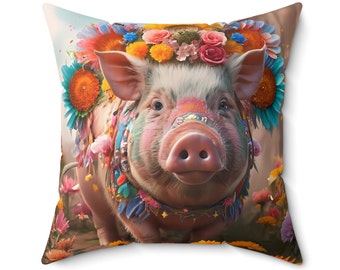 Coussin carré bohème coloré en polyester filé/cochon de collection/décor de ferme/charme du sud/style cottage/amoureux des animaux/cochon butin/cadeau