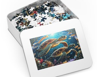 Sea Turtles Jigsaw Puzzle (30, 110, 252, 500,1000-Piece)/Ocean Life Puzzle/Rectangle puzzle/Boho Art Gift/Family Game/Sea Turtle Lovers