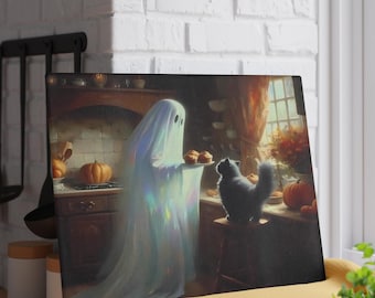 May include: A Halloween-themed canvas print featuring a ghost offering muffins to a black cat. The artwork is set in a kitchen with pumpkins and fall foliage, creating a cozy, spooky atmosphere. The ghost is draped in a shimmering white sheet.