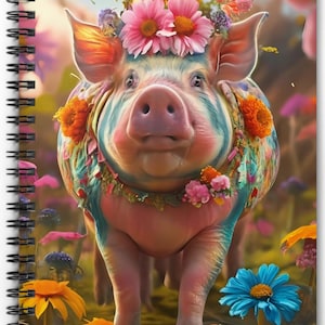 Puede incluir: Un cerdo rosa con rayas azules y blancas lleva una corona de flores y un collar floral colorido. El cerdo está de pie en un campo de flores.