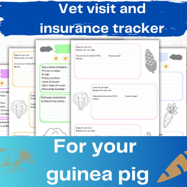 Colour Guinea pig vet visit tracker, Rodent vaccination log, Insurance sheet, Printable PDF digital download, Pet owner, Breeder record