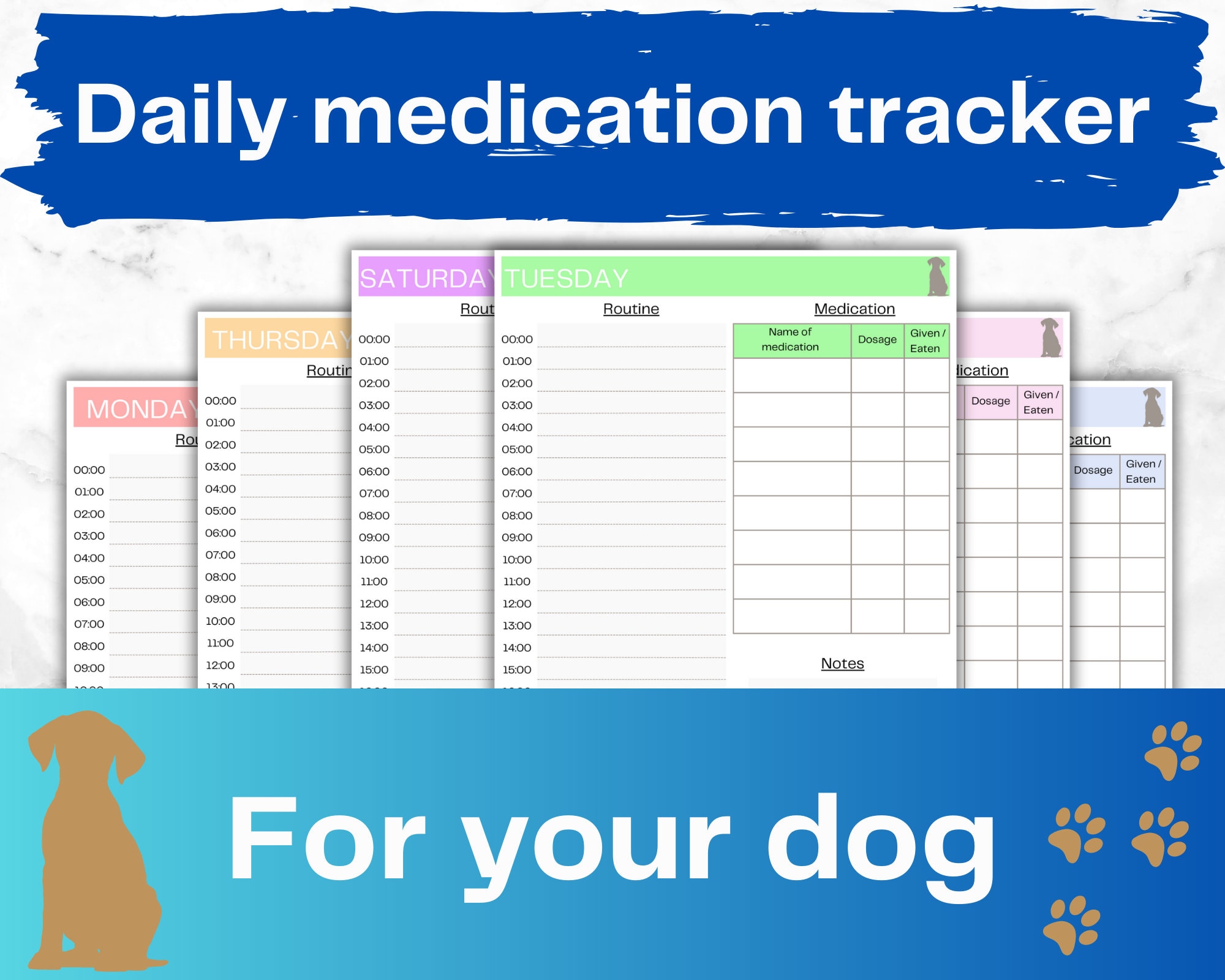 Pet Medication Tracker, Dog Pill Log, Colour Bundle, Puppy Daily Sheet