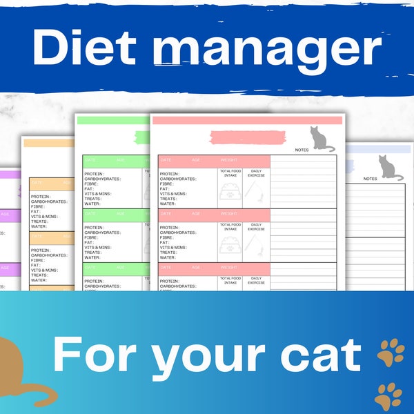 Colour Cat Diet Manager, Feline Nutrition Log, Pussy cat Health Planner, Vet regime, Weight loss, Weight gain, Information template