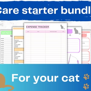 May include: A printable care starter bundle for cats. The bundle includes a cat feeding log, an expense tracker, and a cat care checklist. The pages are decorated with cute cat illustrations and pastel colors.