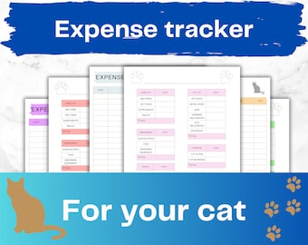 May include: A printable expense tracker for cat owners. The tracker is divided into sections for food, enrichment, vet visits, grooming, and other expenses. The image includes a cartoon cat and paw prints.