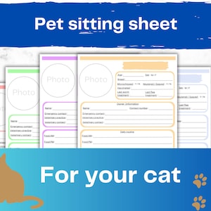 Puede incluir: Una hoja de cuidado de mascotas imprimible para gatos. La hoja incluye secciones para el nombre del gato, la foto, la edad, la raza, el sexo, el microchip, la castración, la esterilización, la vacunación, el último tratamiento contra gusanos, el último tratamiento contra pulgas, la información del propietario, el número de contacto y la rutina diaria.