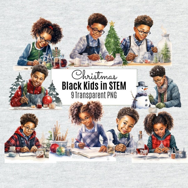 African American Kids in STEM Christmas Clipart PNG, Black boys, Black girls Science Teacher Afro Xmas Gift, Digital Download Commercial Use