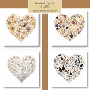 Corações neutros JPG, papel digital do dia dos namorados, papel para scrapbook, clipart em formato de coração boho, download digital, uso comercial, confecção de cartões