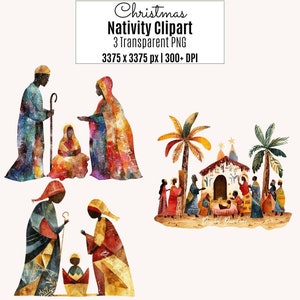 多様なキリスト降誕のクリップアート、アフリカ系アメリカ人のクリスマスキリスト降誕シーンのPNG、デジタルダウンロード、商用利用