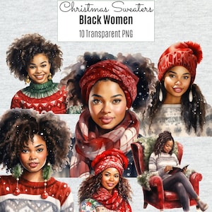 Zwarte vrouw kersttrui clipart, Afro-Amerikaans meisje png, gezellige wintermeisje, zwarte meid planner, digitale download voor kerstkaarten