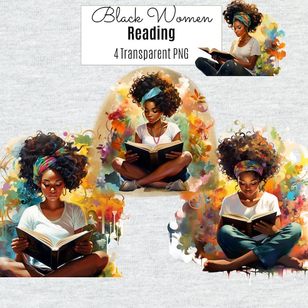 Black Woman Reading Clipart, African American Girl PNG Sitting Reading, Afro Planner, White Tee Casual Fashion, Digital Download, Commercial
