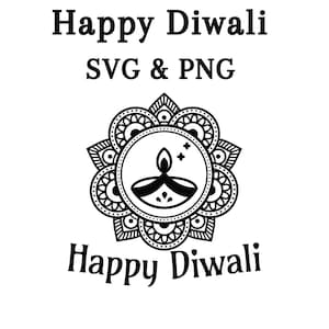 Puede incluir: Ilustración en blanco y negro de una diya, una lámpara de aceite tradicional, dentro de un diseño de mandala. El texto "Happy Diwali" aparece arriba y abajo de la imagen.