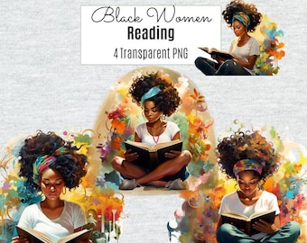 Black Woman Reading Clipart, African American Girl PNG Sitting Reading, Afro Planner, White Tee Casual Fashion, Digital Download, Commercial