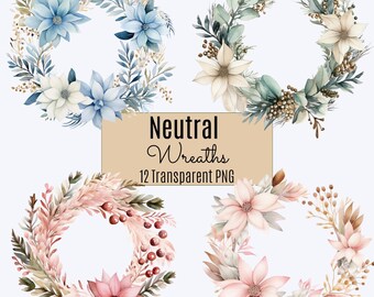 Watercolor Wreath Clipart PNG Bundle, Neutral color, pastel pink, blue floral circle frame, Christmas Winter Digital Download Commercial Use