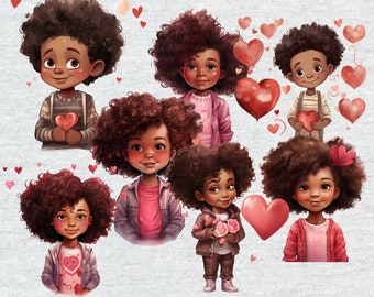 Clipart de San Valentín para niños afroamericanos, niños y niñas afroamericanos, imágenes de San Valentín en el aula, descarga digital para uso comercial