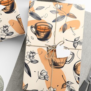 Papier cadeau Tea Party, amateur de thé rétro, tasses à thé et papier d'emballage de feuilles de thé, papier cadeau orange, décoration sur le thème du thé, papier de scrapbooking sépia