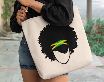 Jamaica tote bag, Jamaican flag headband in Woman's Afro, Cotton Canvas Shopping bag