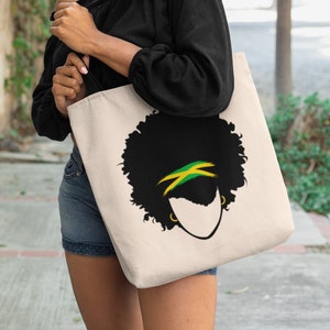 Jamaica tote bag, Jamaican flag headband in Woman&#39;s Afro, Cotton Canvas Shopping bag
