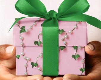 Pearls and Ivy Pink and Green Gift Wrapping paper, J15 Birthday, Christmas, HBCU Sorority Graduation Gift Wrap, Mothers Day, Probate Gift