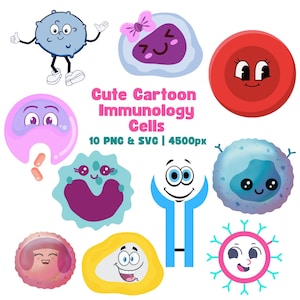 かわいい科学クリップアート、免疫細胞免疫学クリップアート、血液細胞、生物学PNG、STEMデジタルステッカー、デジタルダウンロード科学教師SVG