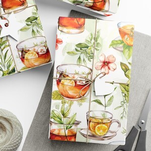 Papier cadeau floral pour amateurs de thé, tasses à thé et feuilles de thé, thème Tea Party, papier de scrapbooking papier vert jaune orange cadeau thé