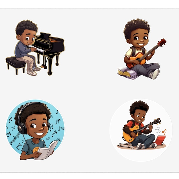 Music Education Stickers, African American Boys playing musical instruments, Music Teacher Sticker Sheets