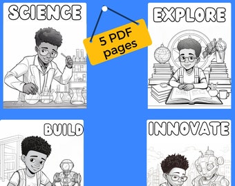 Schwarze Jungen in STEM Malvorlagen, afroamerikanische Kinder, Back to Schulaktivitäten in der Wissenschaftsrobotik, PDF Digital Download