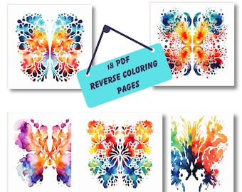 Reverse Coloring Pages, Backwards Coloring Book, Abstract Watercolor Rorschach, Creative Mindfulness, Stress Relief, PDF Digital Download