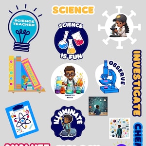 Autocollants imprimables pour professeur de sciences, Science PNG SVG Clipart, Planificateur numérique, Fichier de machine de découpe, Enfants noirs en STEM, Utilisation commerciale