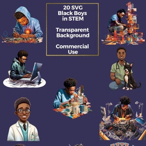 Clipart SVG de niños afroamericanos en STEM, clipart de niños afroamericanos en ciencia, ingeniería, medicina, robótica, arquitectura, descarga digital para uso comercial