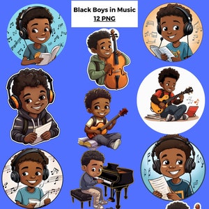 African American Boys muziekleraar clipart png, zwarte jongens spelen piano viool gitaar, digitale stickers, muziekeducatie, digitale download
