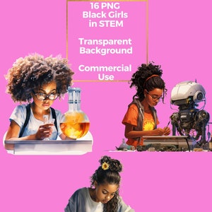 Black Girls in STEM PNG Clipart, filles afro-américaines qui étudient l'architecture robotique en sciences de l'ingénieur, utilisation commerciale en téléchargement numérique