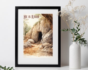 Arte murale di Pasqua Lui è risorto, Segno di Pasqua, Arte murale cristiana stampabile, Tomba vuota download digitale, Decorazione acquerello di Pasqua, Versetto della Bibbia