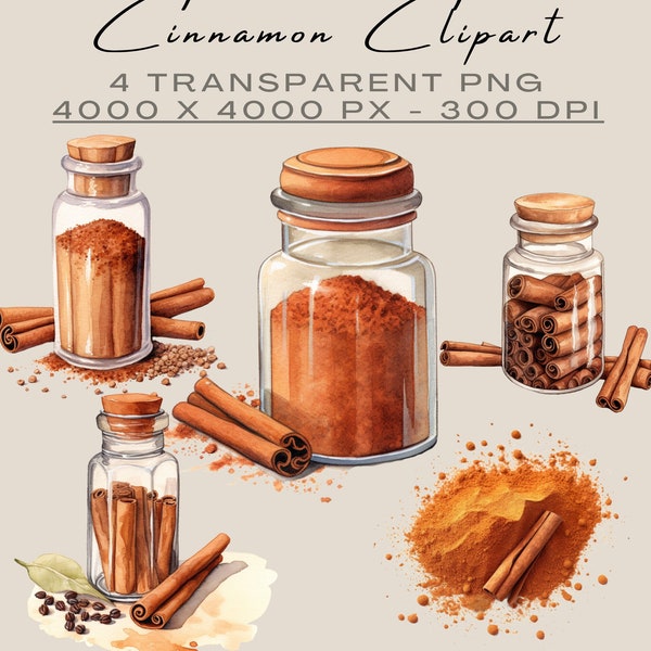 Cinnamon Stick Clipart, Spice Bottle PNG, Baking Clipart Watercolor Bakery Coffeeshop Kitchen Decor Culinary Digital Download Commercial Use