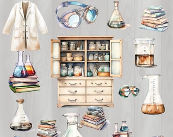 Clipart z akwarelą, laboratorium naukowe, technik laboratoryjny PNG, naukowiec laboratoryjny, nauczyciel nauk ścisłych, STEM, sublimacja, zlewki, stół laboratoryjny