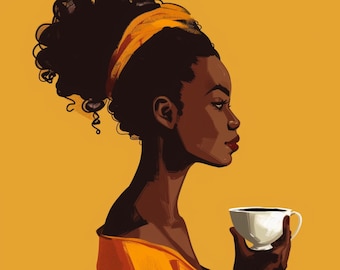 Coffee Lover Wall Art, Printable Black Girl Drinking Coffee PNG Clipart, African American Coffee Shop Square 12x12 Print Melanin Sublimation